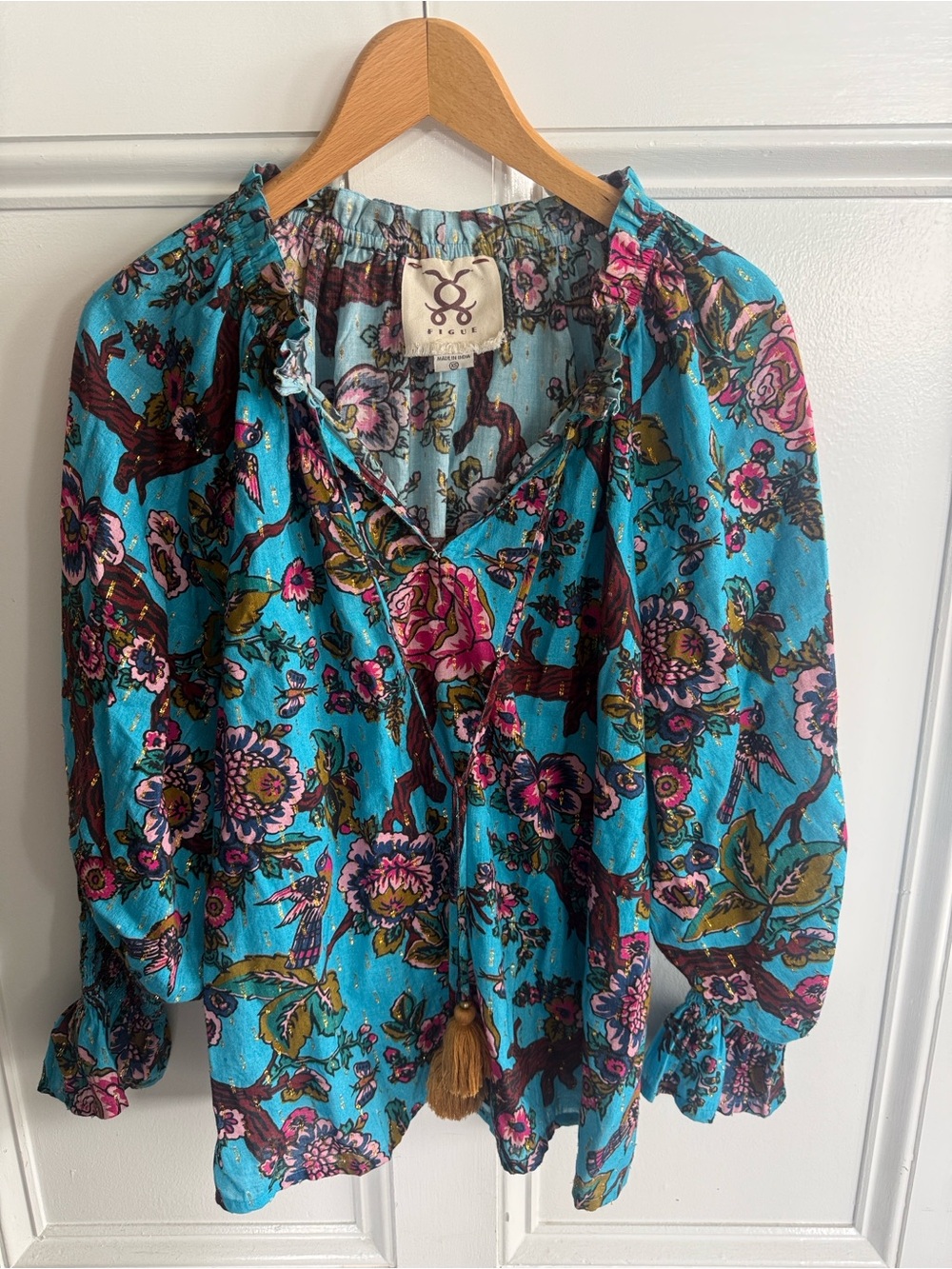Figue Floral Peasant Blouse with Tassel Tie